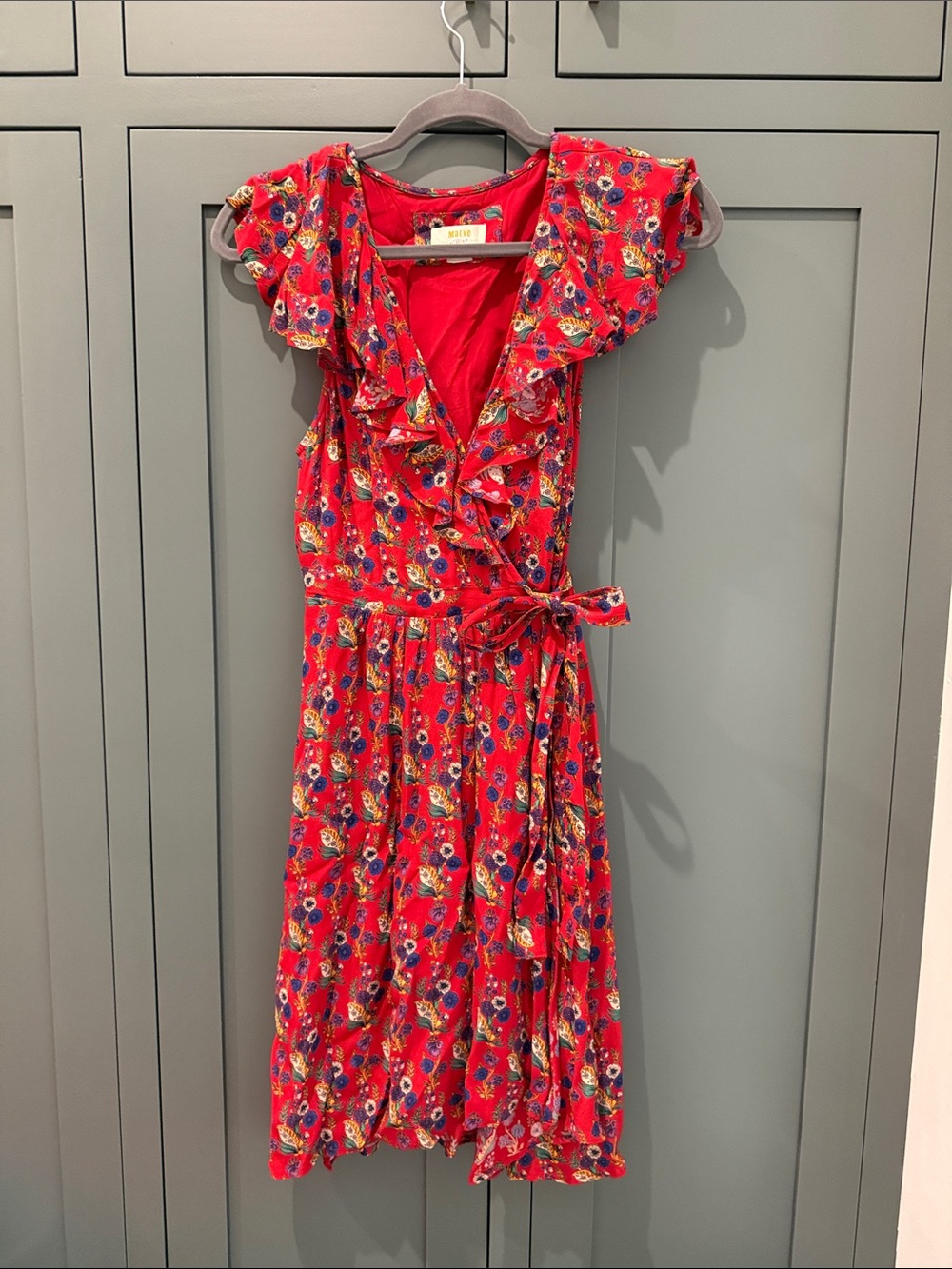 Anthropologie Red Floral Wrap Midi Dress with Ruffle Trim
